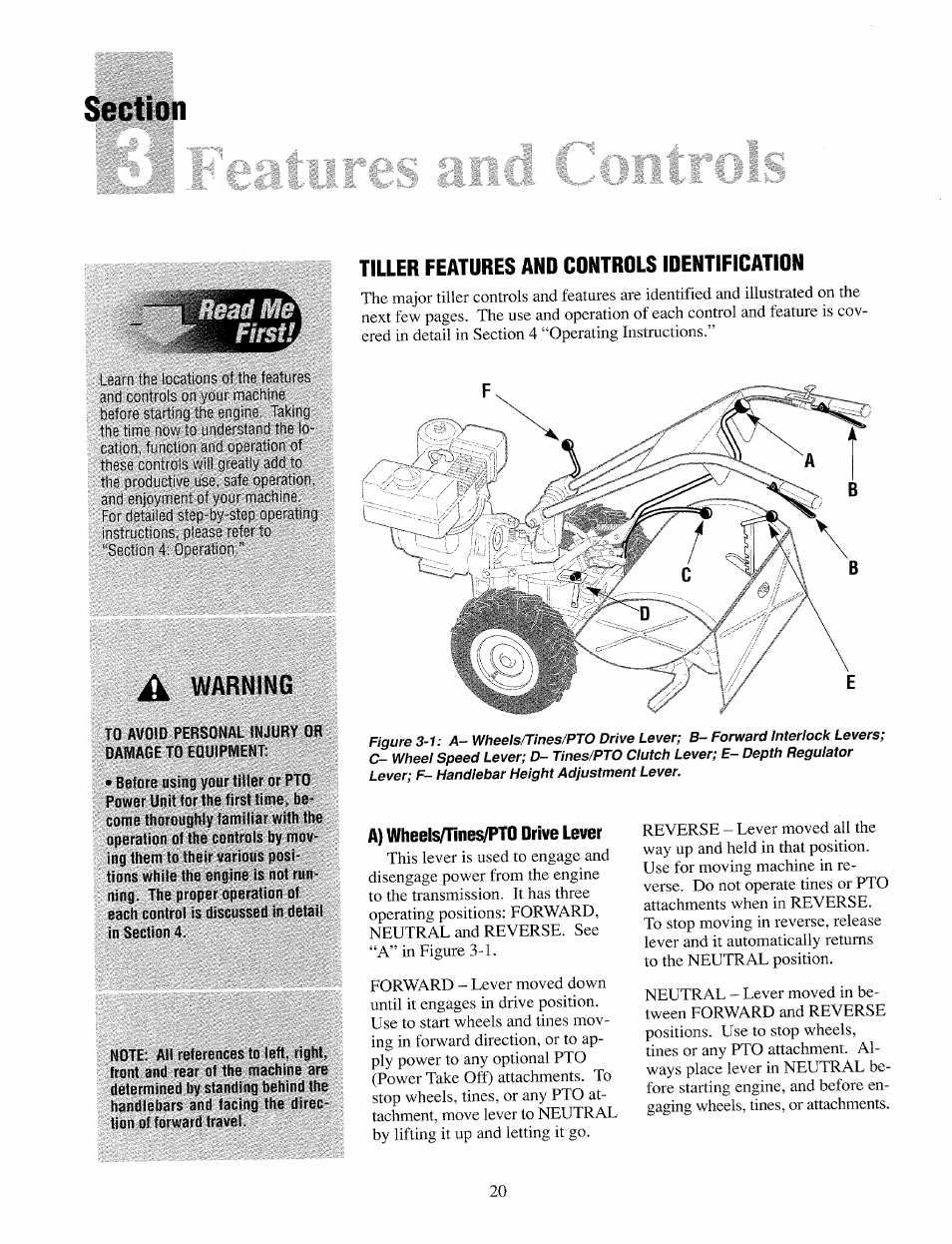 Tiller features and controls identification, A) wheels/tines/pto drive lever, Warning | Troy-Bilt 12069-7HP User Manual | Page 20 / 68