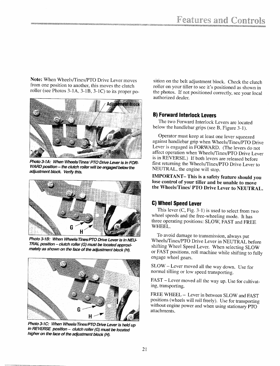 Mrols, B) forward interlock levers, C) wheel speed lever | Troy-Bilt 12069-7HP User Manual | Page 21 / 68