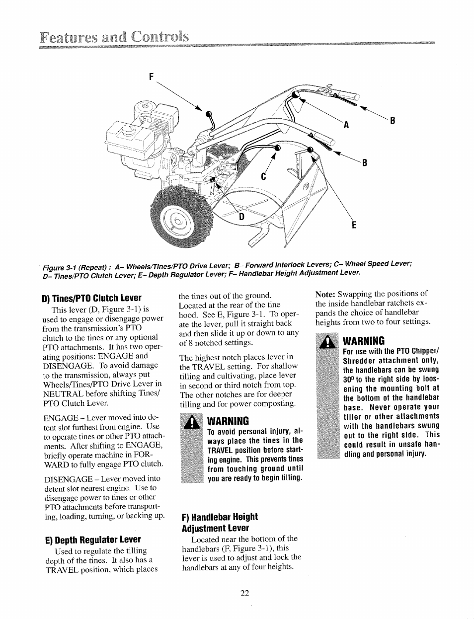 D) tines/pto clutch lever, E) depth regulator lever, Warning | F) handlebar height adjustment lever | Troy-Bilt 12069-7HP User Manual | Page 22 / 68