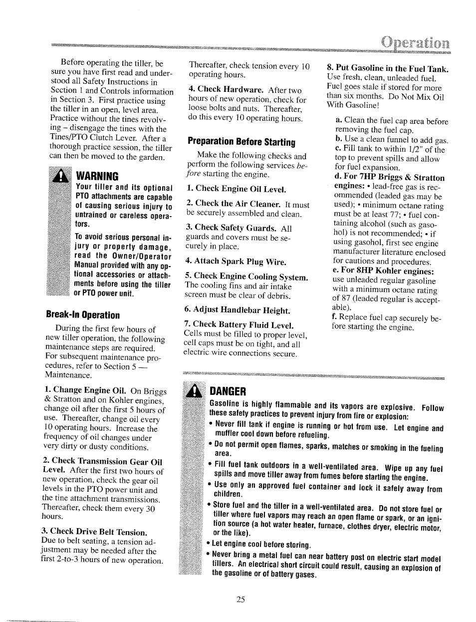 Break-in operation, Preparation before starting | Troy-Bilt 12069-7HP User Manual | Page 25 / 68