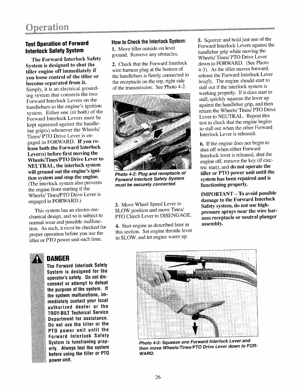 Test operation of forward interlock safety system, Danger, Test forward interlock safety system | Troy-Bilt 12069-7HP User Manual | Page 26 / 68