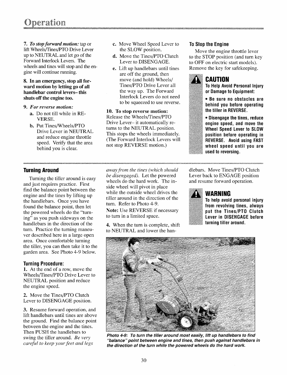 Caution, Turning around, Warning | Troy-Bilt 12069-7HP User Manual | Page 30 / 68