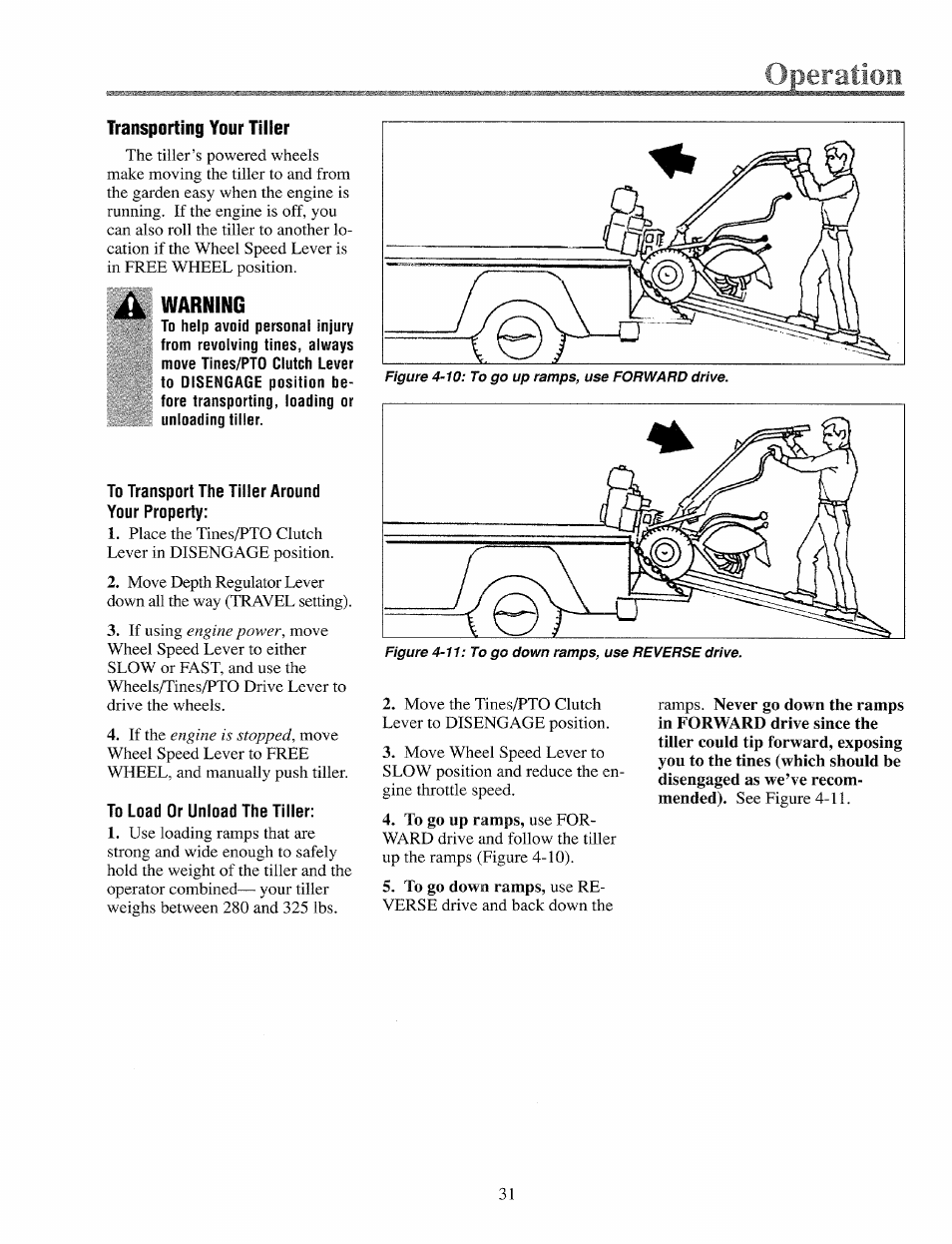 Transporting your tiller, Warning | Troy-Bilt 12069-7HP User Manual | Page 31 / 68