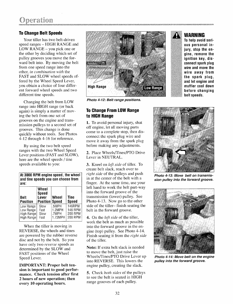 To change belt speeds, To change from low range to high range, Warning | Troy-Bilt 12069-7HP User Manual | Page 32 / 68