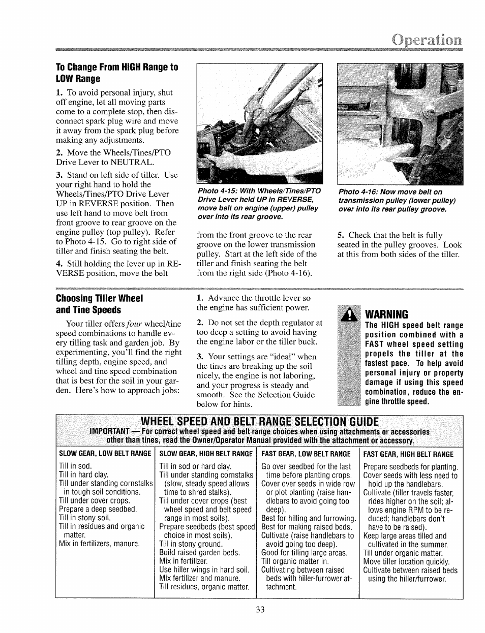 Operation, To change from high range to low range, Choosing tiller wheel and tine speeds | Preparation, Warning, Wheel speed and belt range selection guide | Troy-Bilt 12069-7HP User Manual | Page 33 / 68