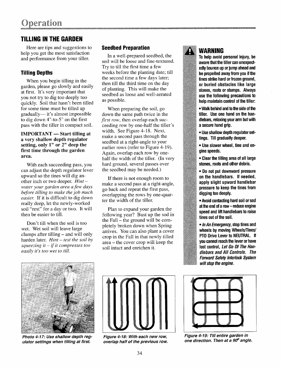 Tilling in the garden, Tilling depths, Seedbed preparation | Troy-Bilt 12069-7HP User Manual | Page 34 / 68