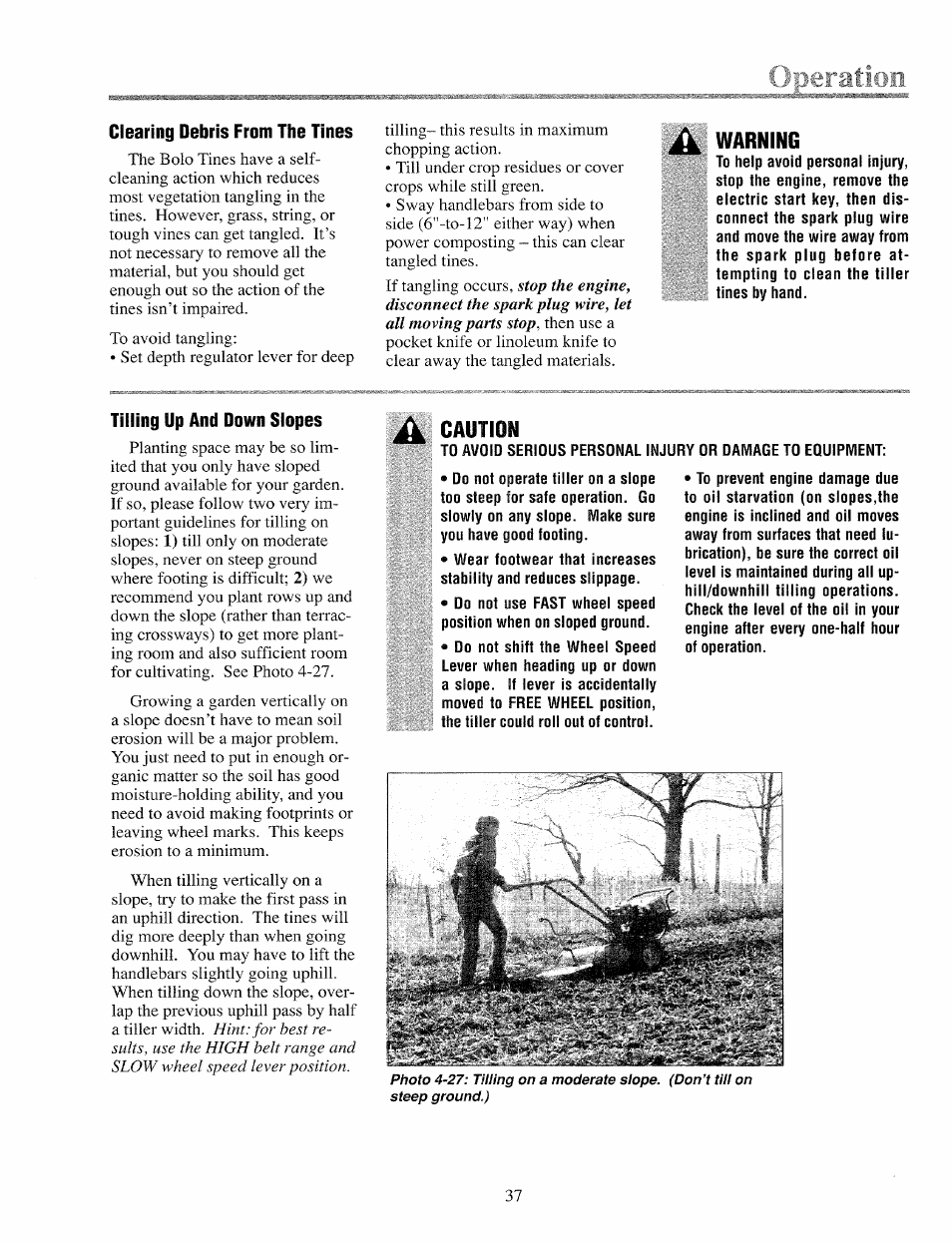 Clearing debris from the tines, Warning, Tilling up and down slopes | Troy-Bilt 12069-7HP User Manual | Page 37 / 68