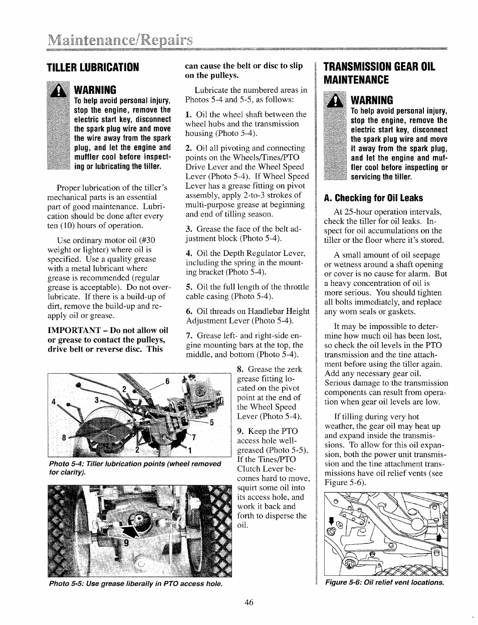 Tiller lubrication warning, Transmission gear oil maintenance, Warning | A. checking for oil leaks | Troy-Bilt 12069-7HP User Manual | Page 41 / 68