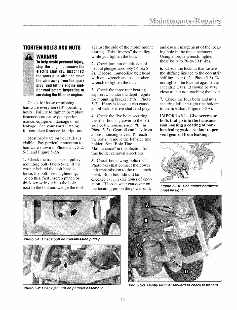 Tighten bolts and nuts ^ warning, Tighten bolts and nuts | Troy-Bilt 12069-7HP User Manual | Page 42 / 68