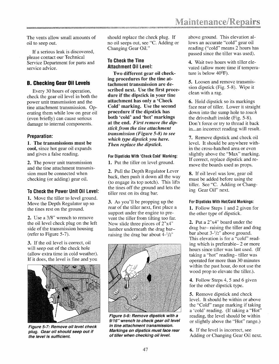 B. checking gear oil levels | Troy-Bilt 12069-7HP User Manual | Page 47 / 68