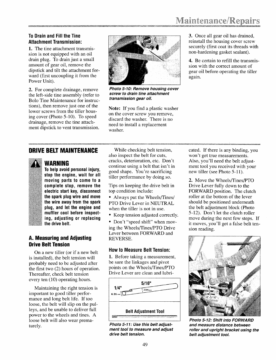 Drive belt maintenance, Warning, A. measuring and adjusting drive belt tension | Troy-Bilt 12069-7HP User Manual | Page 49 / 68