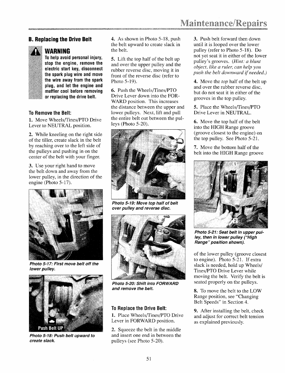B. replacing the drive beit, Warning | Troy-Bilt 12069-7HP User Manual | Page 51 / 68