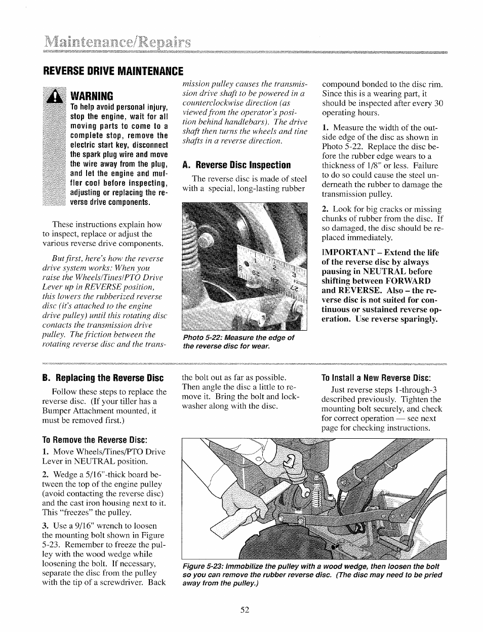 Warning, A. reverse disc inspection, B. replacing the reverse disc | Troy-Bilt 12069-7HP User Manual | Page 52 / 68