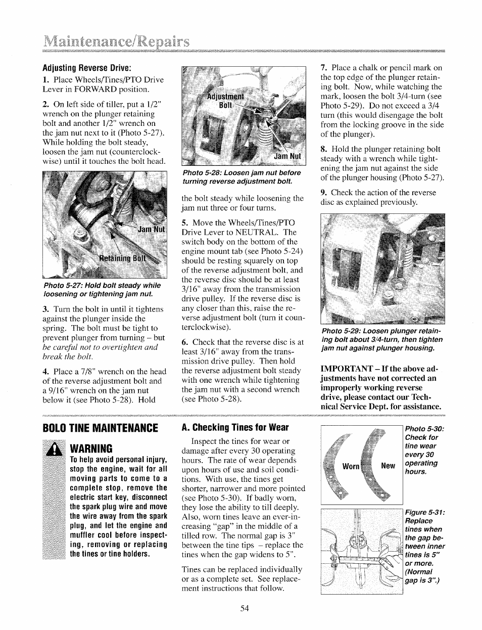 Bold tine maintenance ^ warning, A. checking tines for wear, I } j.f) "1^ j iii | Troy-Bilt 12069-7HP User Manual | Page 54 / 68