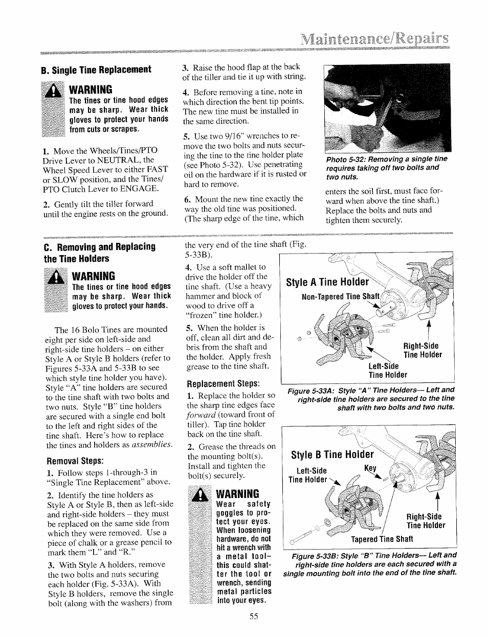 B. single tine replacement, Warning, C. removing and replacing the tine holders | Troy-Bilt 12069-7HP User Manual | Page 55 / 68