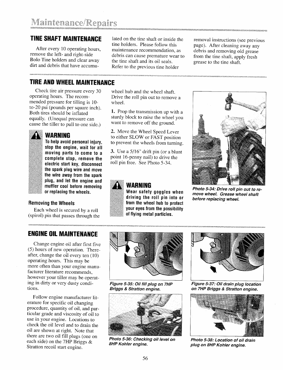 Tire and wheel maintenance, Warning, Engine oil maintenance | Troy-Bilt 12069-7HP User Manual | Page 56 / 68