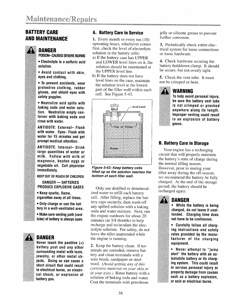 A. battery care in service, Warning, B. battery care in storage | Danger | Troy-Bilt 12069-7HP User Manual | Page 58 / 68