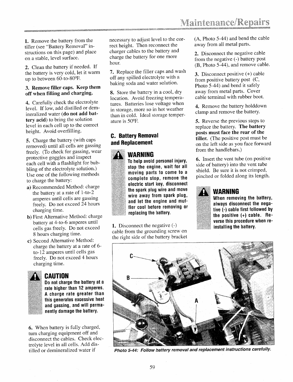 Caution, C. battery removal and replacement, Warning | A warning | Troy-Bilt 12069-7HP User Manual | Page 59 / 68