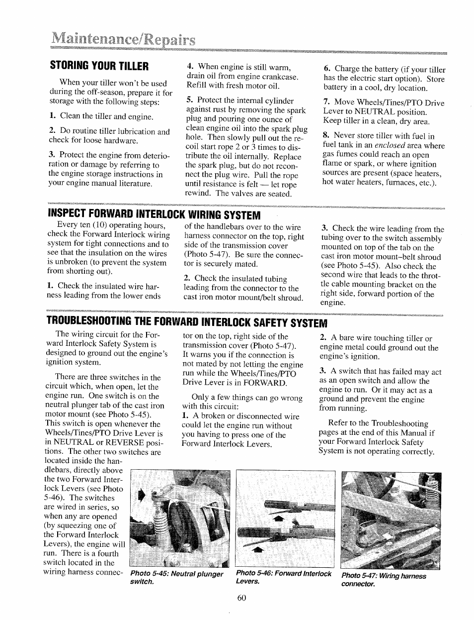 Storing your tiller, Inspect forward interlock wiring system, Troubleshooting forward interlock safety system | Troy-Bilt 12069-7HP User Manual | Page 60 / 68