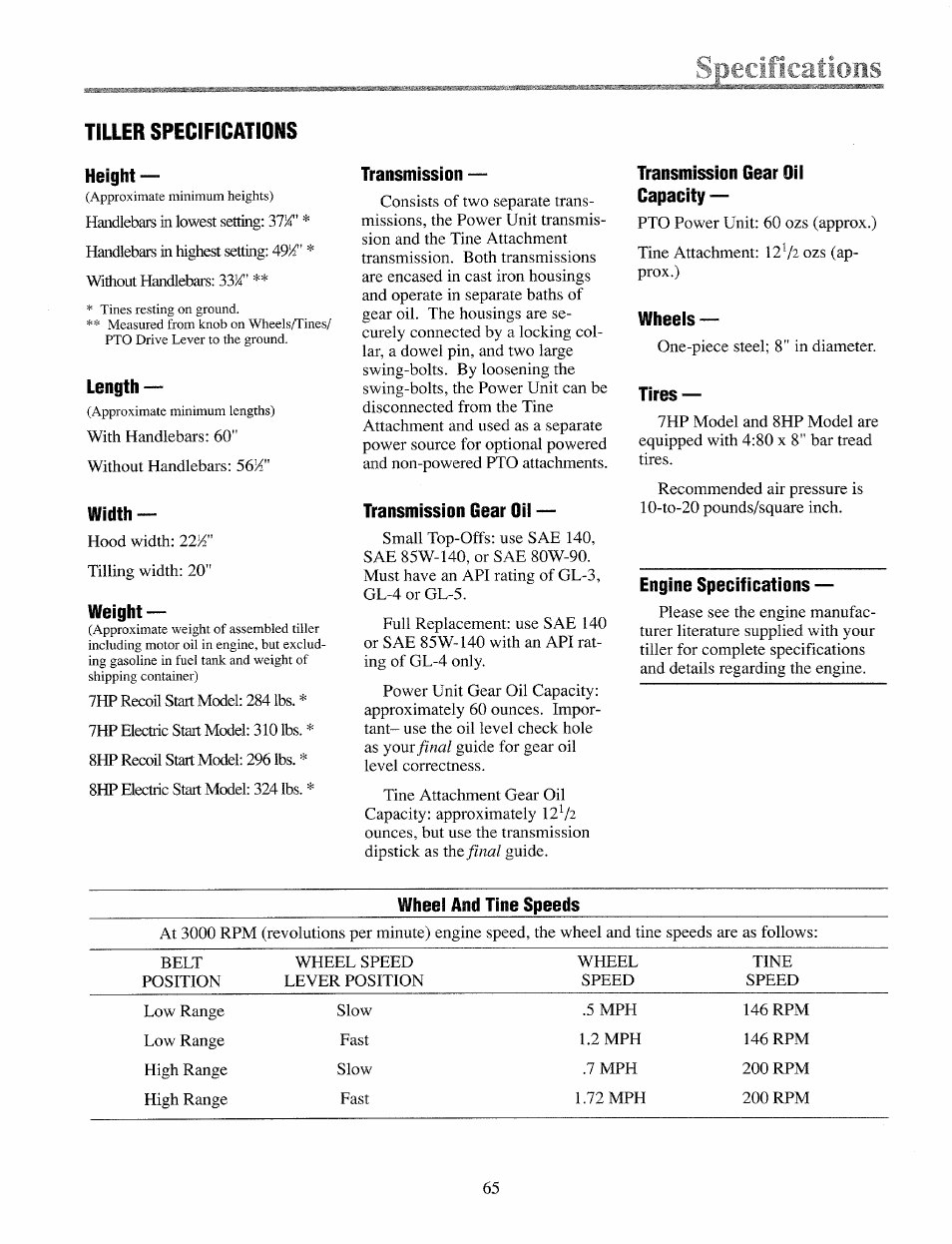 Tiller specifications, Height, Length | Width, Weight, Transmission, Transmission gear oil, Transmission gear oil capacity, Wheels, Tires | Troy-Bilt 12069-7HP User Manual | Page 65 / 68