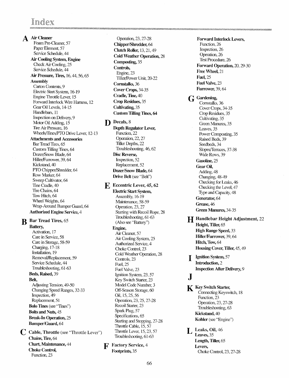 Index | Troy-Bilt 12069-7HP User Manual | Page 66 / 68