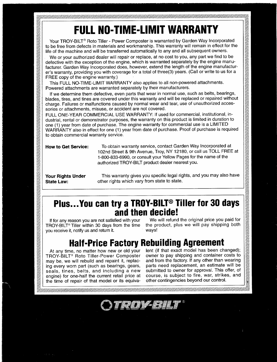 Full no-time-limit warranty, Half-price factory rebuilding agreement | Troy-Bilt 12069-7HP User Manual | Page 68 / 68