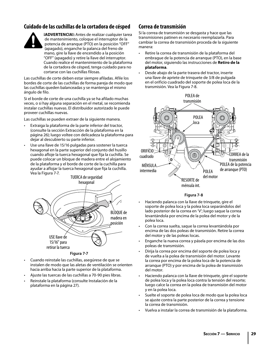Cuidado de las cuchillas de la cortadora de césped, Correa de transmisión | Troy-Bilt Mustang RZT User Manual | Page 65 / 72