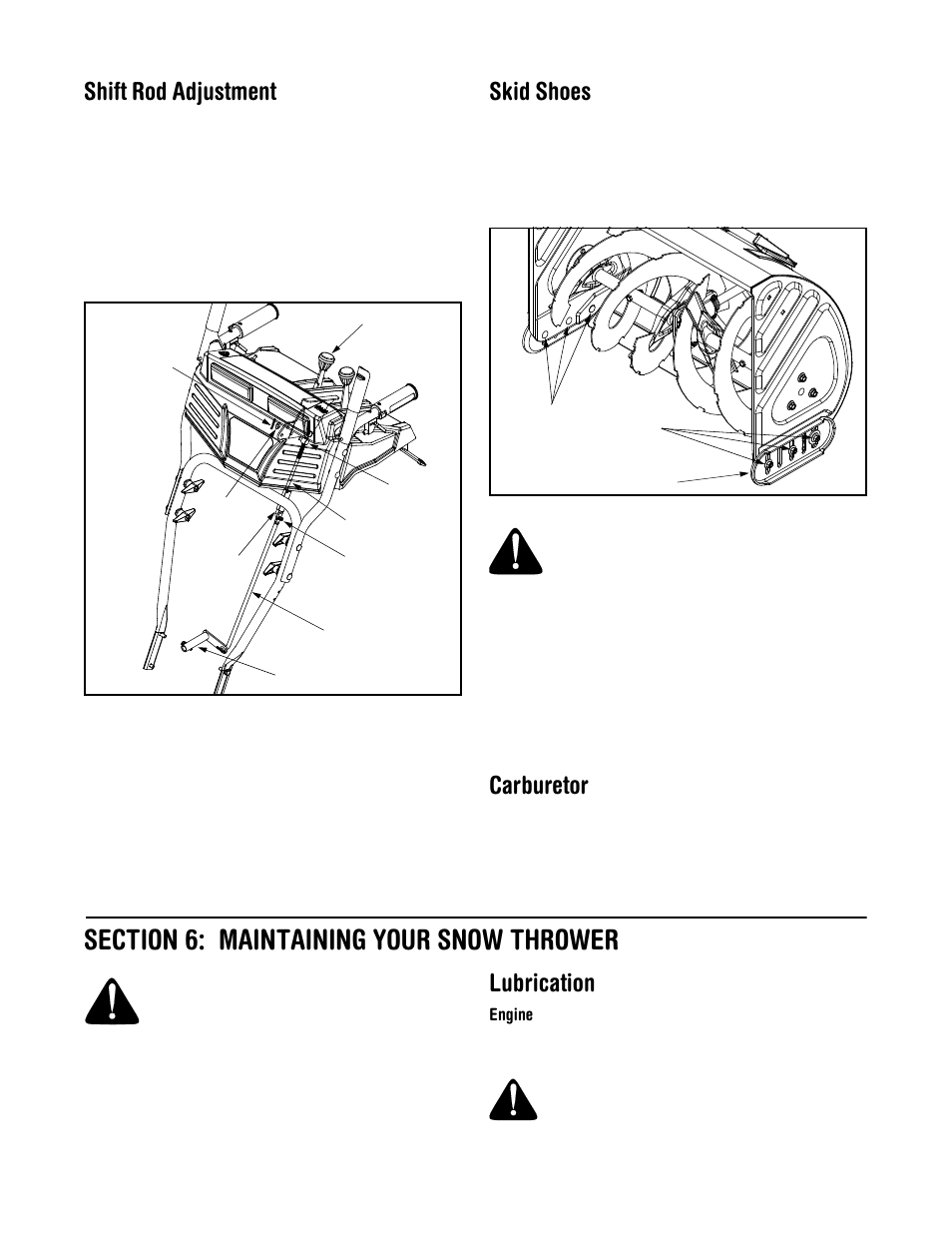 Shift rod adjustment, Skid shoes, Carburetor | Lubrication | Troy-Bilt 31AH7T74063 User Manual | Page 12 / 28