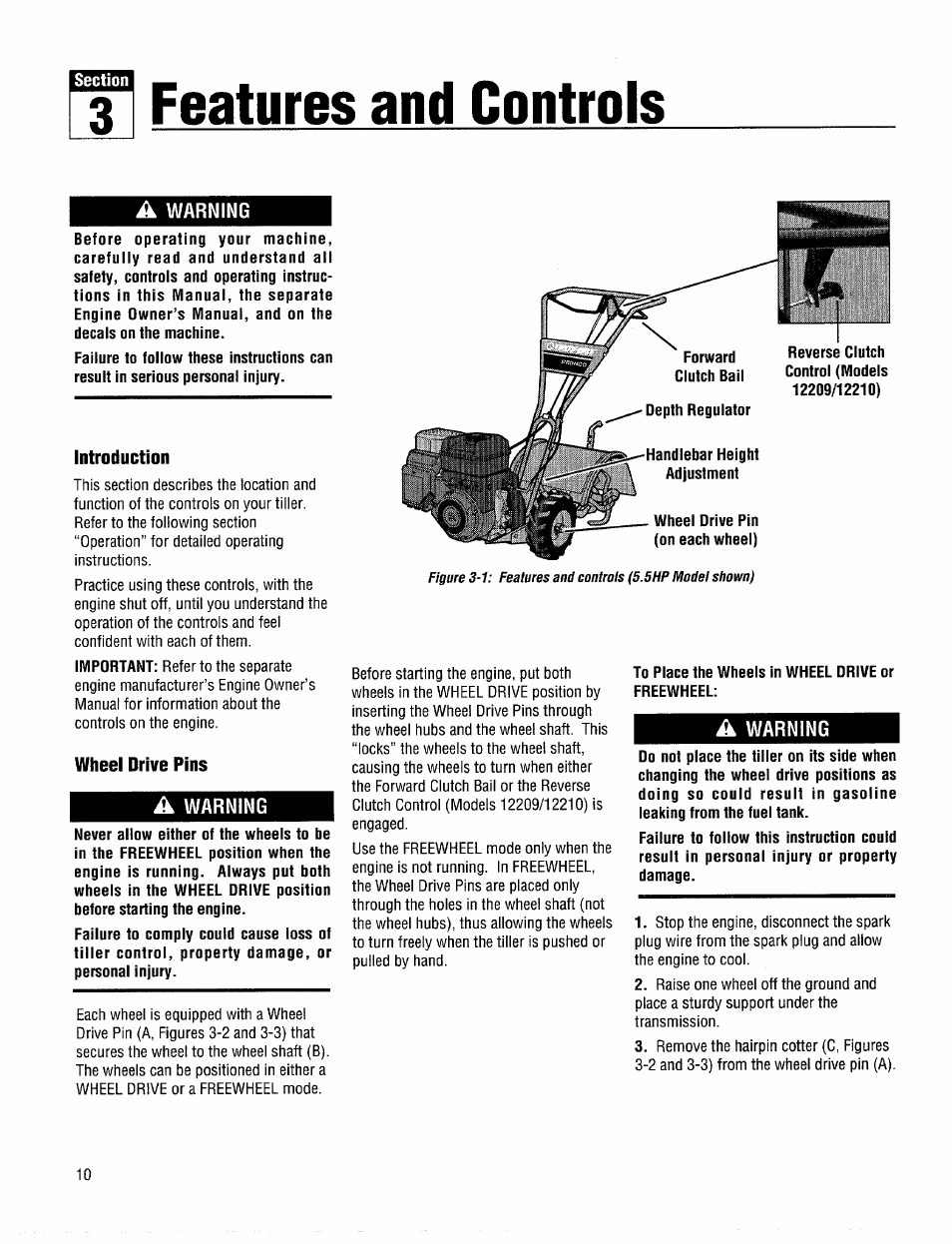 3 features and controls, A warning, Introduction | Wheel drive pins, Section 3: features & controls | Troy-Bilt 12208 User Manual | Page 10 / 36