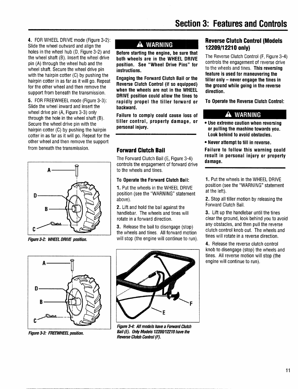 A warning, Forward clutch bail, Reverse clutch control (models 12209/12210 only) | Reverse clutch control (models 12209/12210) | Troy-Bilt 12208 User Manual | Page 11 / 36