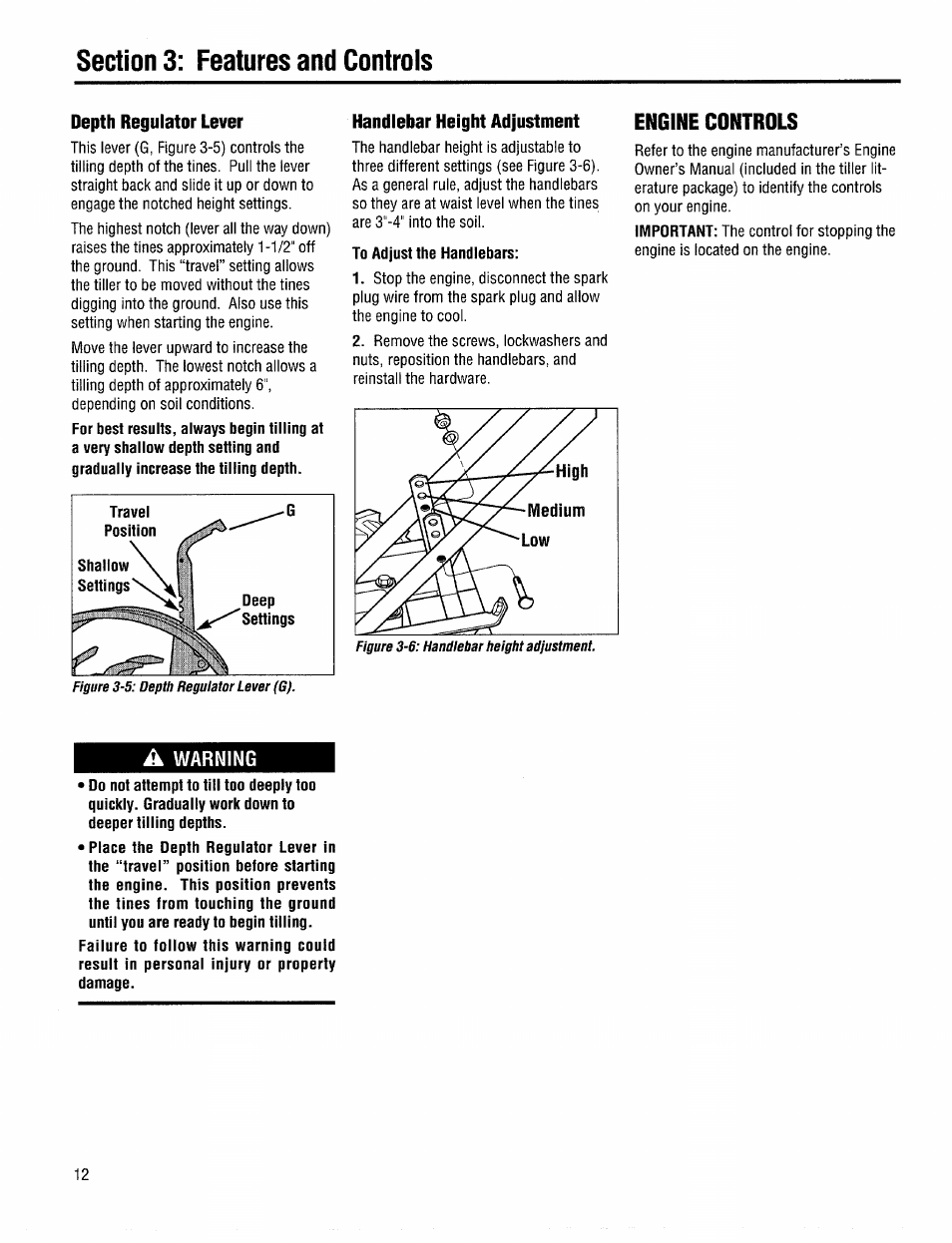 Depth regulator lever, Handlebar height adjustment, Engine controls | A warning, Depth regulator | Troy-Bilt 12208 User Manual | Page 12 / 36