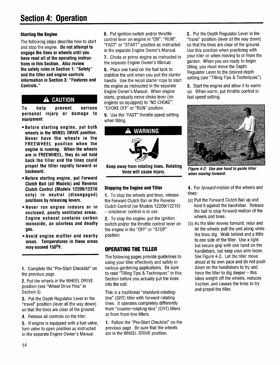 A caution, A warning, Operating the tiller | Troy-Bilt 12208 User Manual | Page 14 / 36