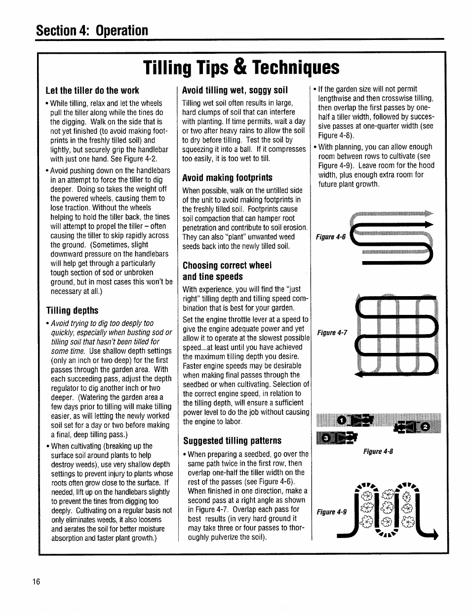 Avoid tilling wet, soggy soil, Avoid making footprints, Choosing correct wheel and tine speeds | Suggested tilling patterns, Tilling tips & techniques | Troy-Bilt 12208 User Manual | Page 16 / 36