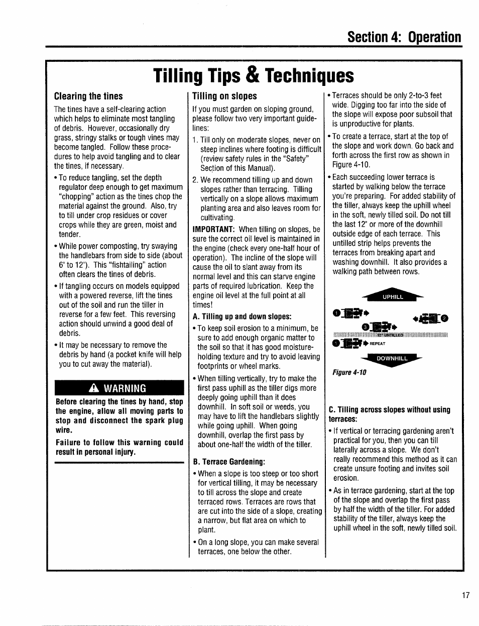 Clearing the tines, A warning, Tilling on slopes | Tilling tips & techniques | Troy-Bilt 12208 User Manual | Page 17 / 36