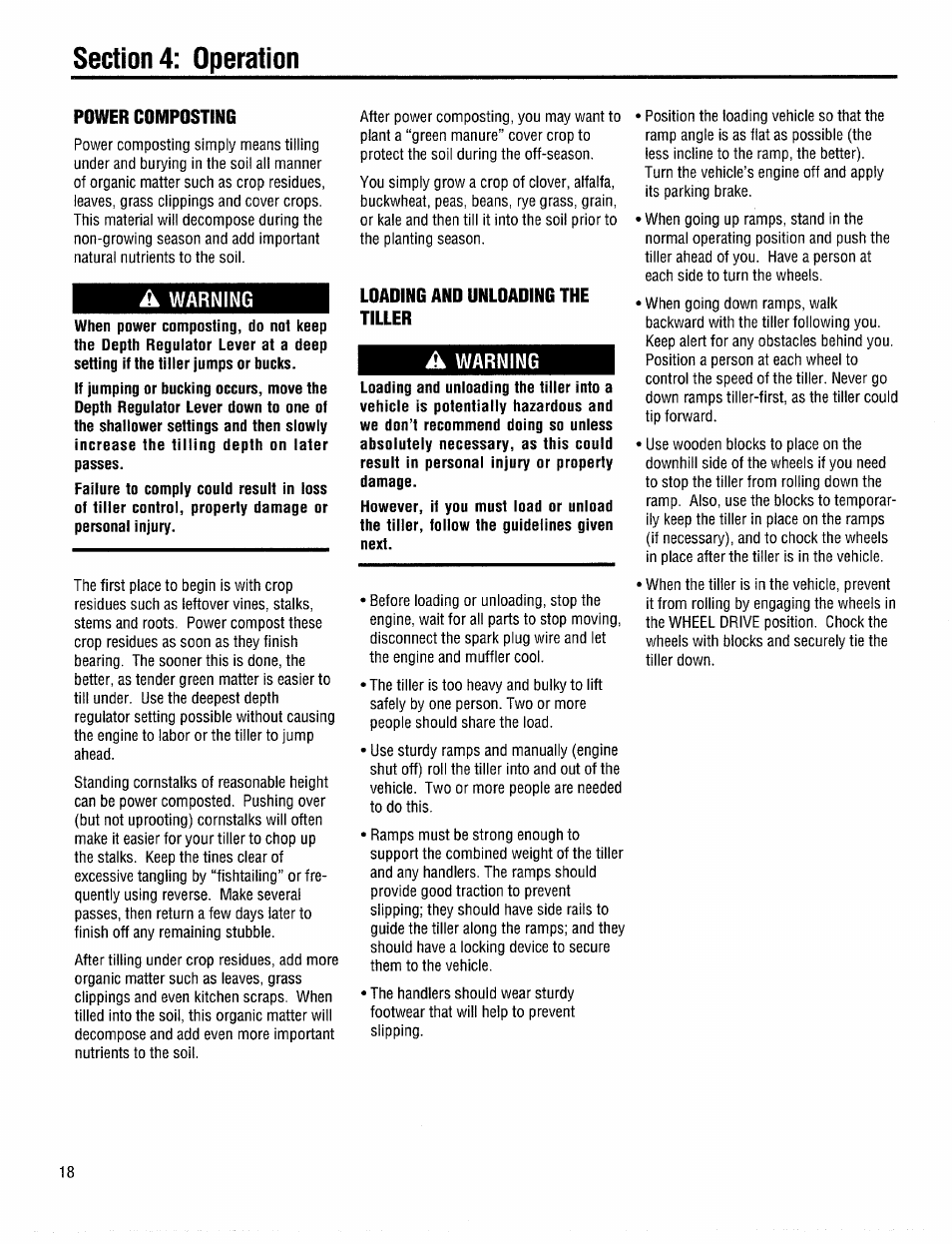 Power composting, A warning, Loading and unloading the tiller | Troy-Bilt 12208 User Manual | Page 18 / 36