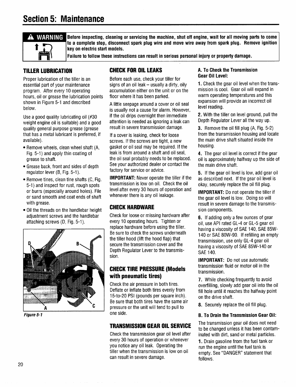 Tiller lubrication, Check for oil leaks, Check hardware | Check tire pressure (models with pneumatic tires), Transmission gear oil service, Warning | Troy-Bilt 12208 User Manual | Page 20 / 36