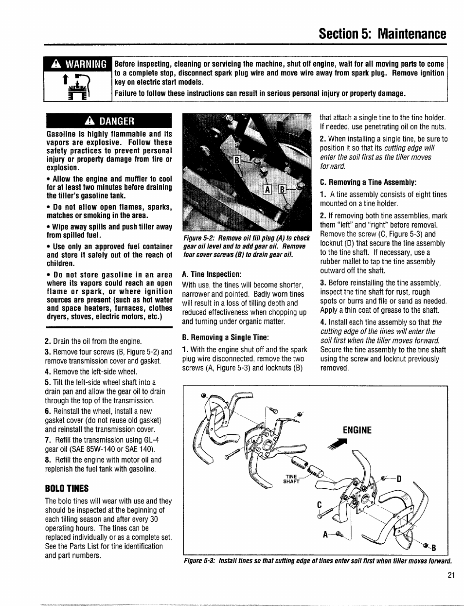 A danger, Bold tines, Bolo tines | Warning | Troy-Bilt 12208 User Manual | Page 21 / 36
