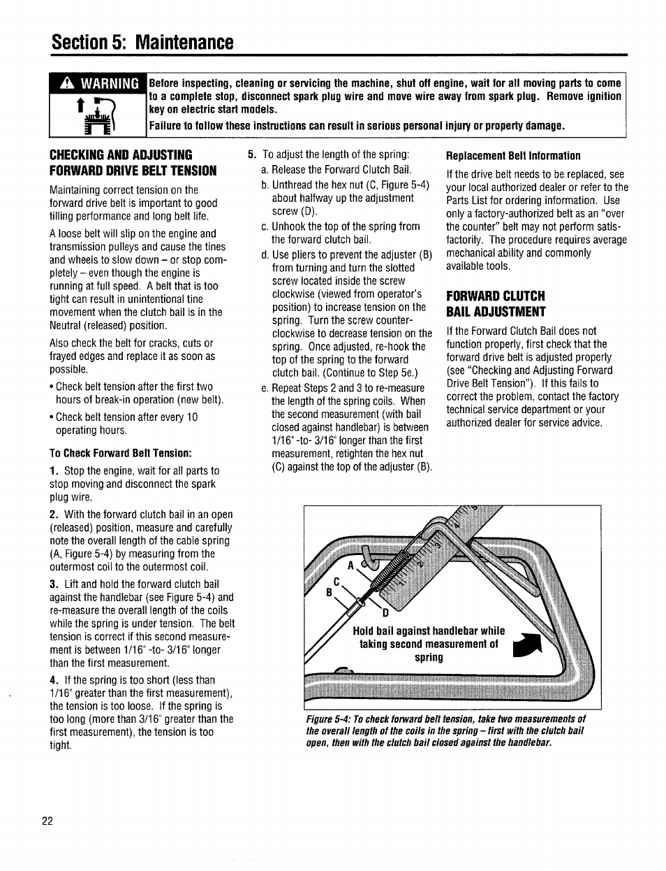Checking and adjusting forward drive belt tension, Forward clutch bail adjustment, Checking and adjusting forward drive beit tension | A warning | Troy-Bilt 12208 User Manual | Page 22 / 36