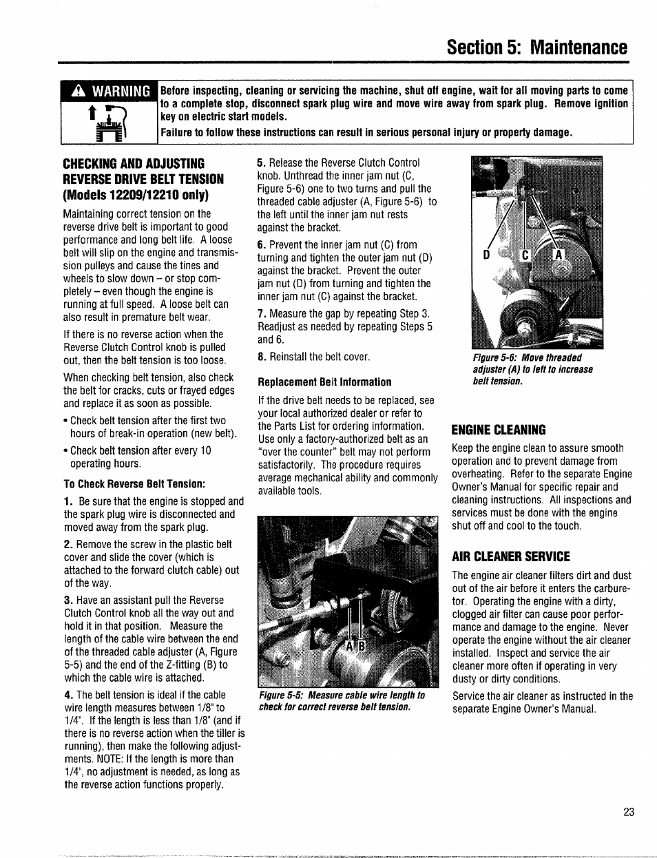 Engine cleaning, Air cleaner service, Warning | Troy-Bilt 12208 User Manual | Page 23 / 36