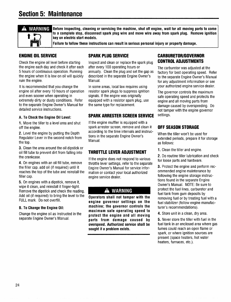 Engine oil service, Spark plug service, Spark arrester screen service | Throttle lever adjustment, A warning, Carburetor/governor control adjustments, Off season storage, Warning | Troy-Bilt 12208 User Manual | Page 24 / 36