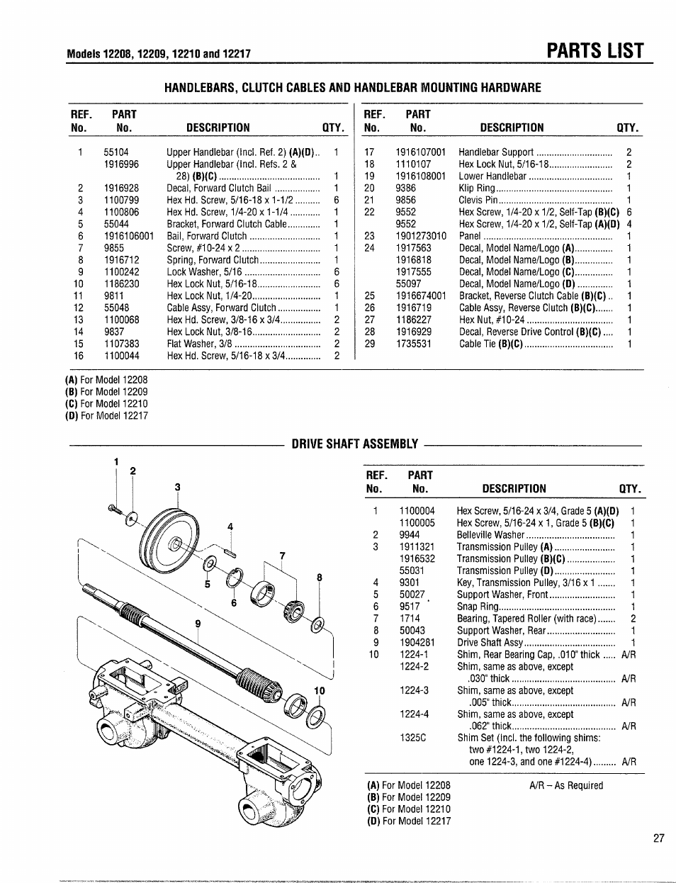 Drive shaft assembly, Parts list | Troy-Bilt 12208 User Manual | Page 27 / 36