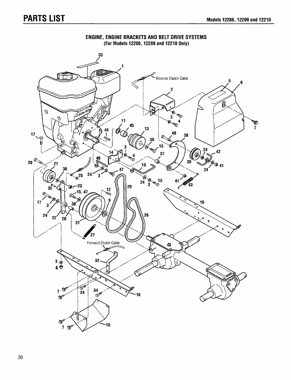 Engine, engine brackets and belt drive systems, Parts list | Troy-Bilt 12208 User Manual | Page 30 / 36