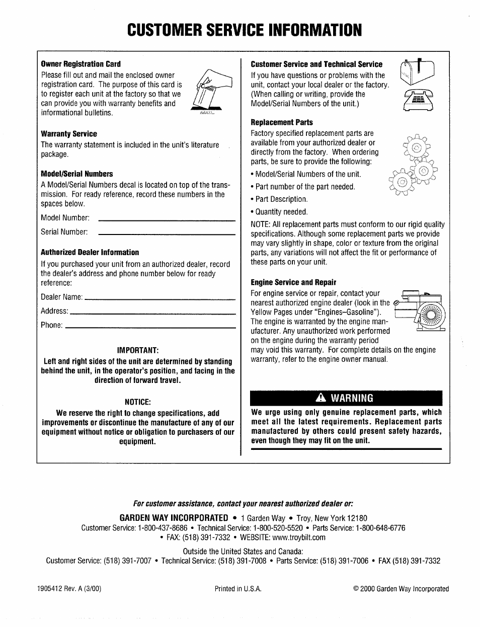 A warning, Customer service information | Troy-Bilt 12208 User Manual | Page 36 / 36