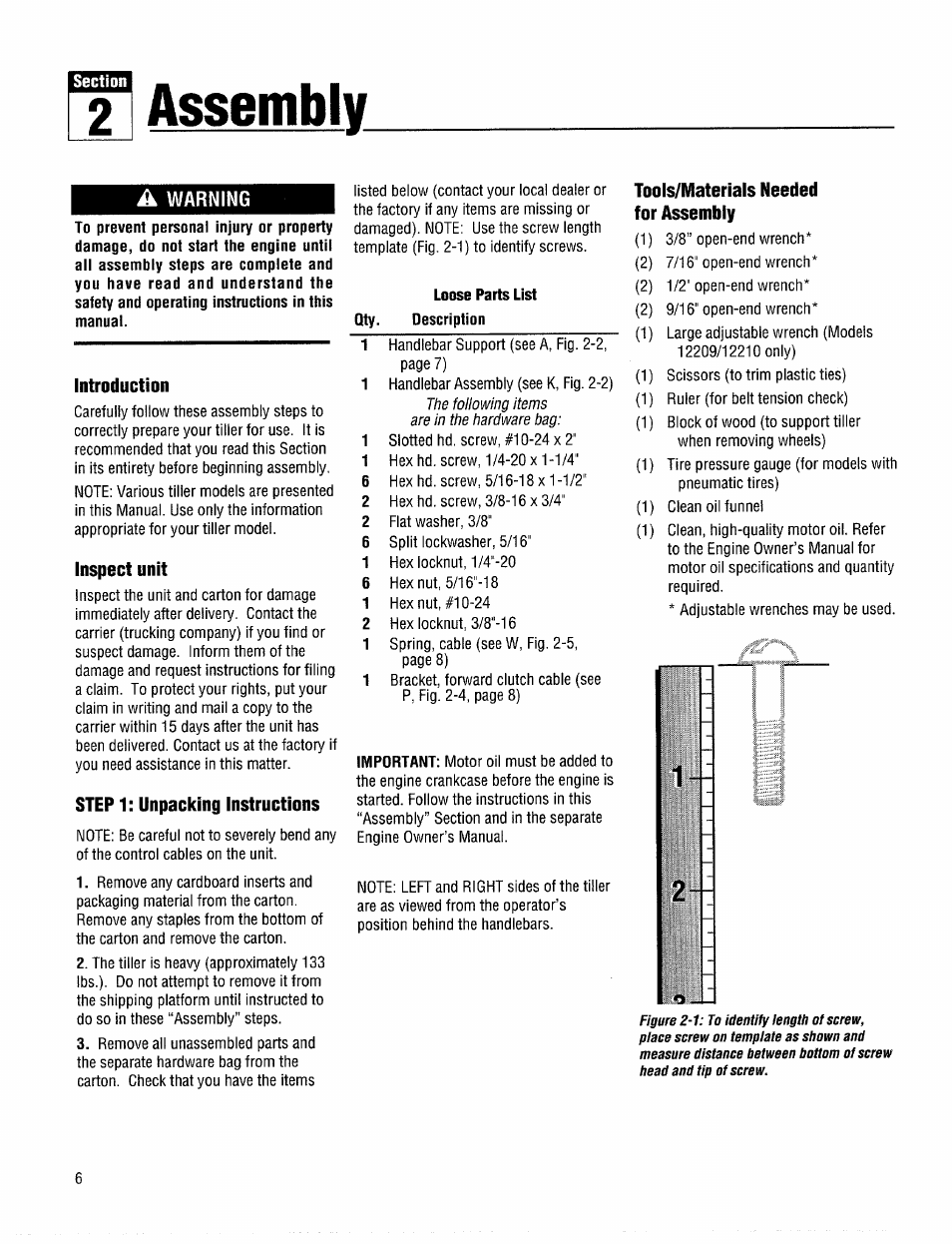 2 assembly, A warning, Introduction | Inspect unit, Step 1: unpacking instructions, Tools/materials needed for assembly | Troy-Bilt 12208 User Manual | Page 6 / 36