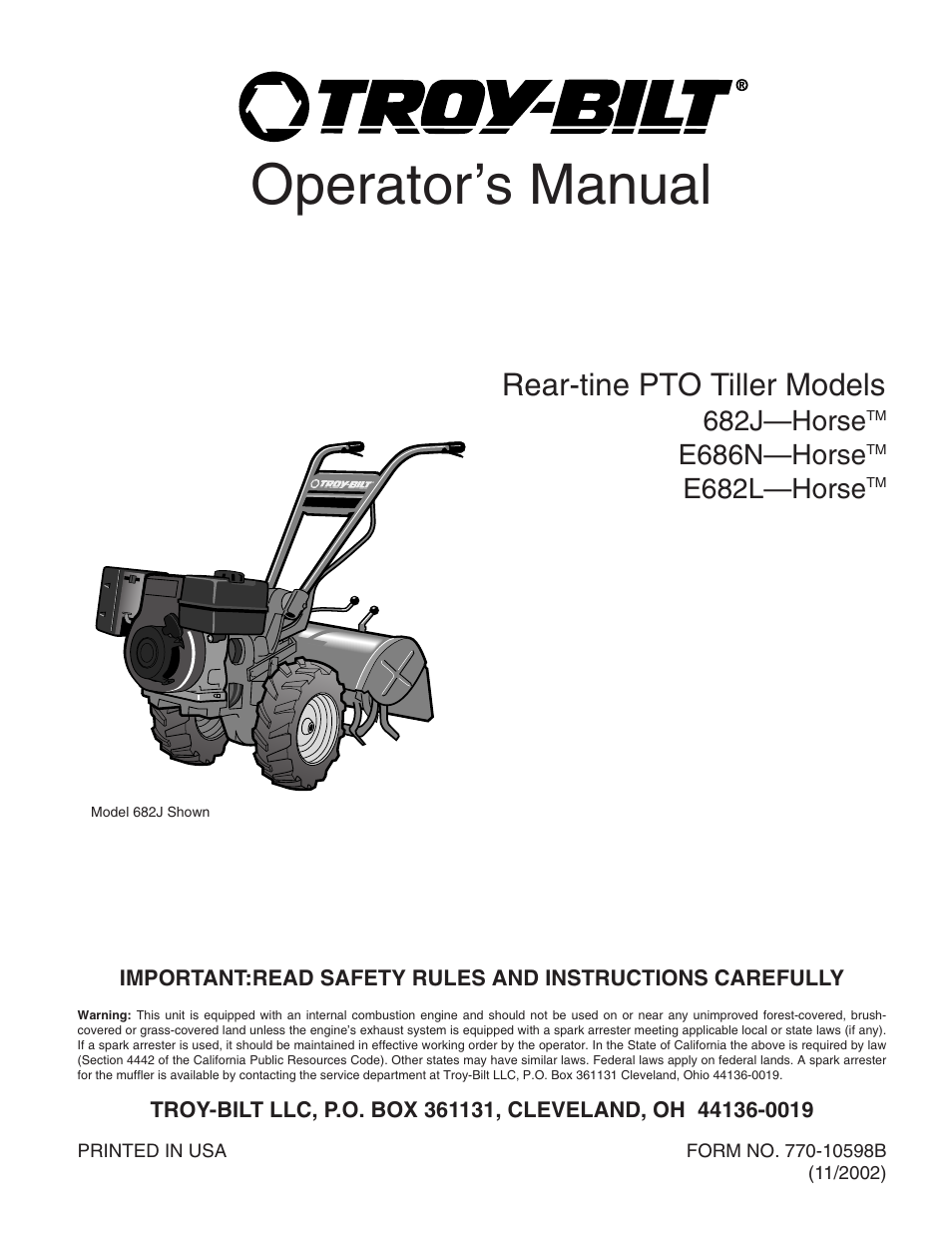 Troy-Bilt E682L-Horse User Manual | 64 pages