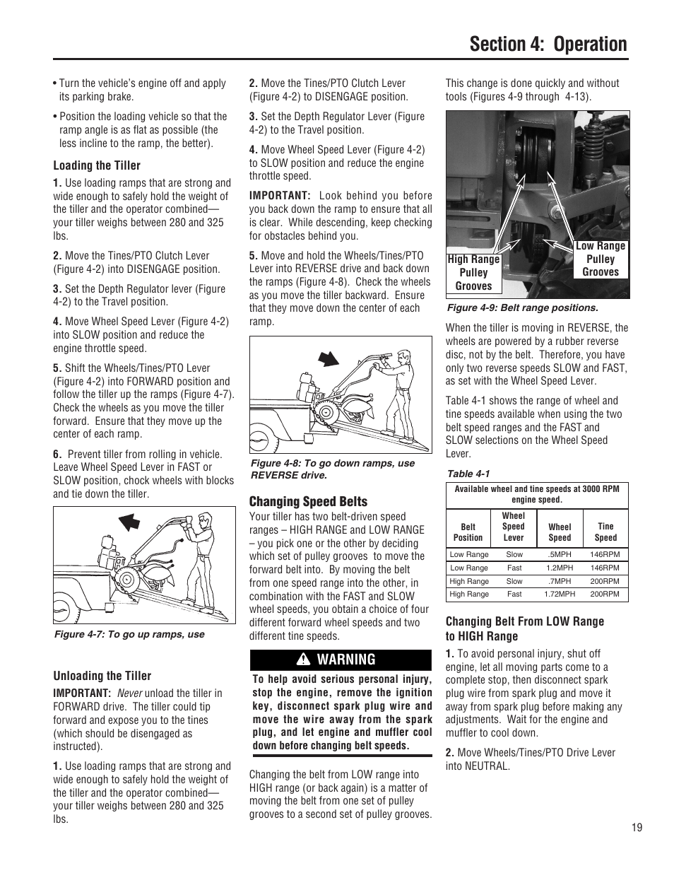 Warning, Changing speed belts | Troy-Bilt E682L-Horse User Manual | Page 19 / 64