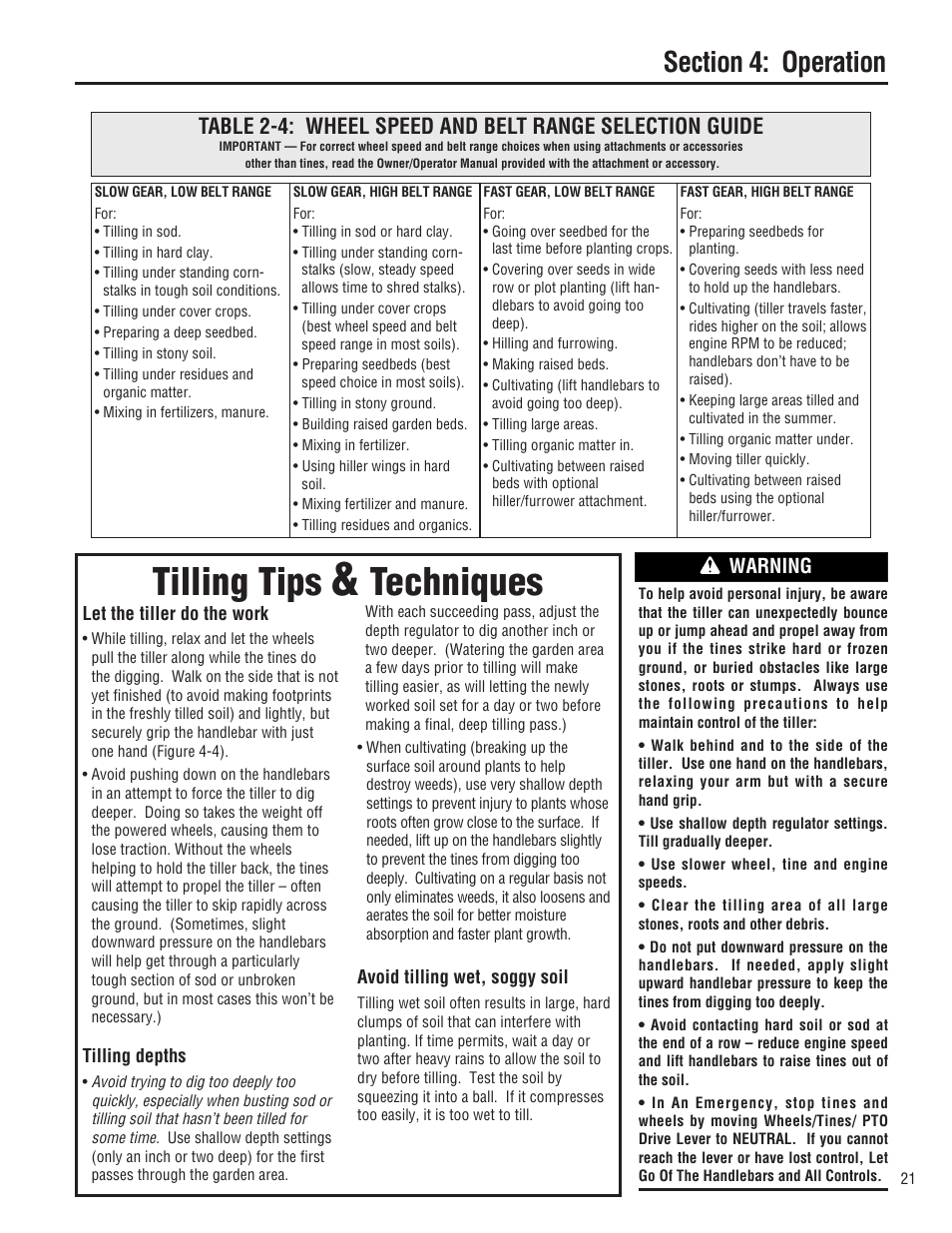 Tilling tips, Techniques, Warning | Troy-Bilt E682L-Horse User Manual | Page 21 / 64