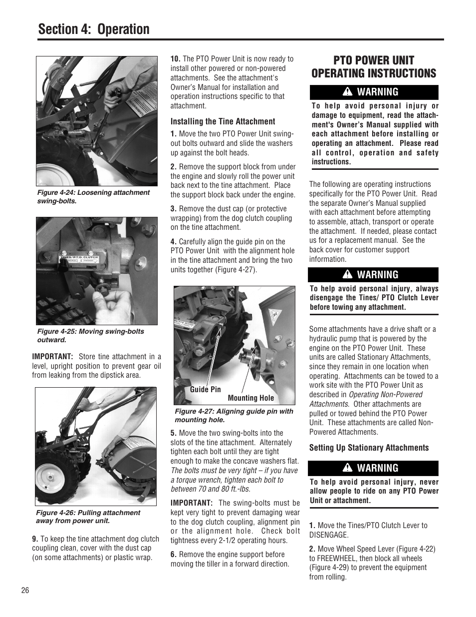 Pto power unit operating instructions, Warning | Troy-Bilt E682L-Horse User Manual | Page 26 / 64