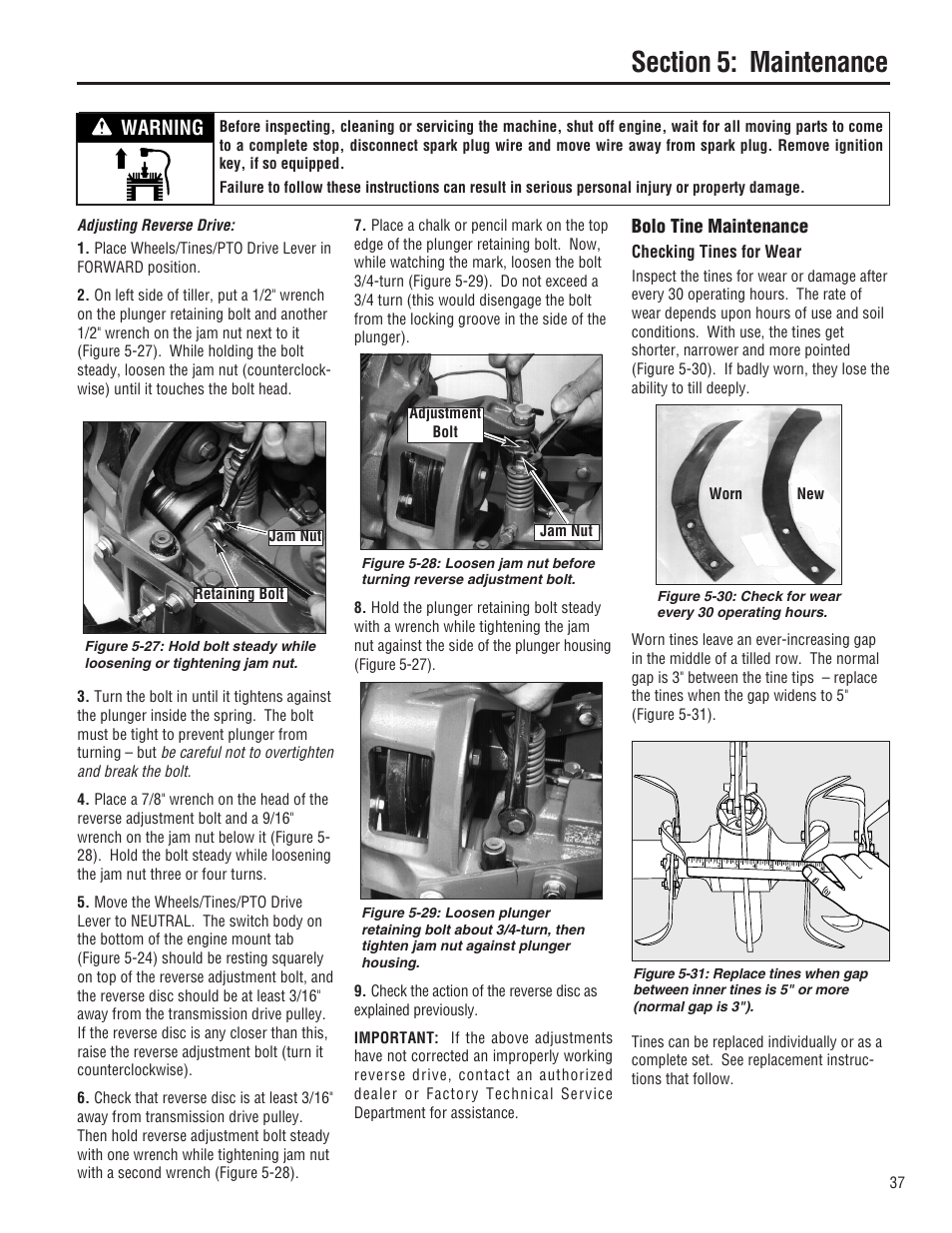 Warning, Bolo tine maintenance, Checking tines for wear | Troy-Bilt E682L-Horse User Manual | Page 37 / 64