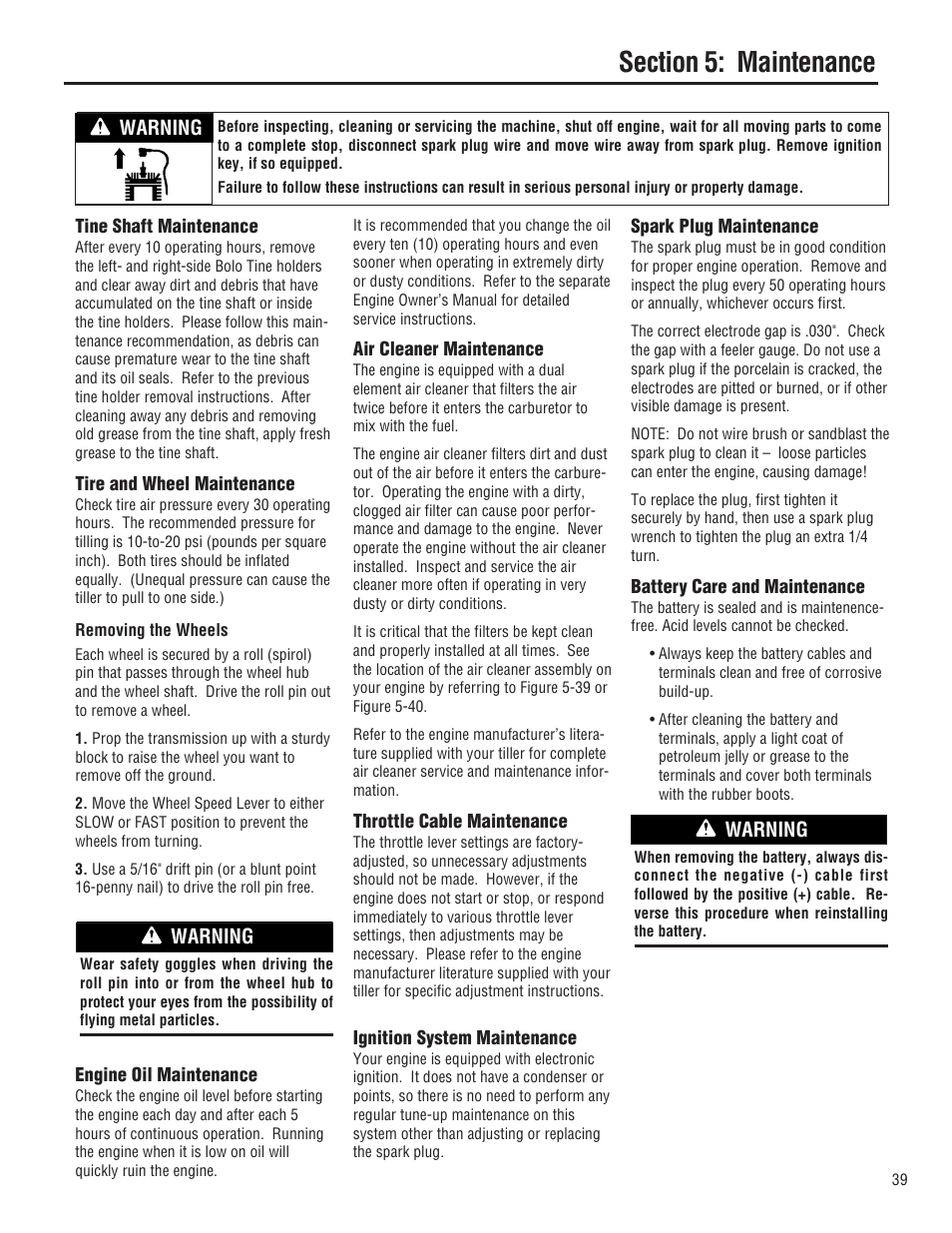 Warning | Troy-Bilt E682L-Horse User Manual | Page 39 / 64